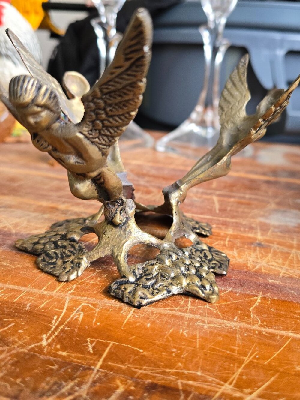 Vintage Ornate Brass Cherub Angel Display Stand Grapes Leaves Sphere Holder Trip